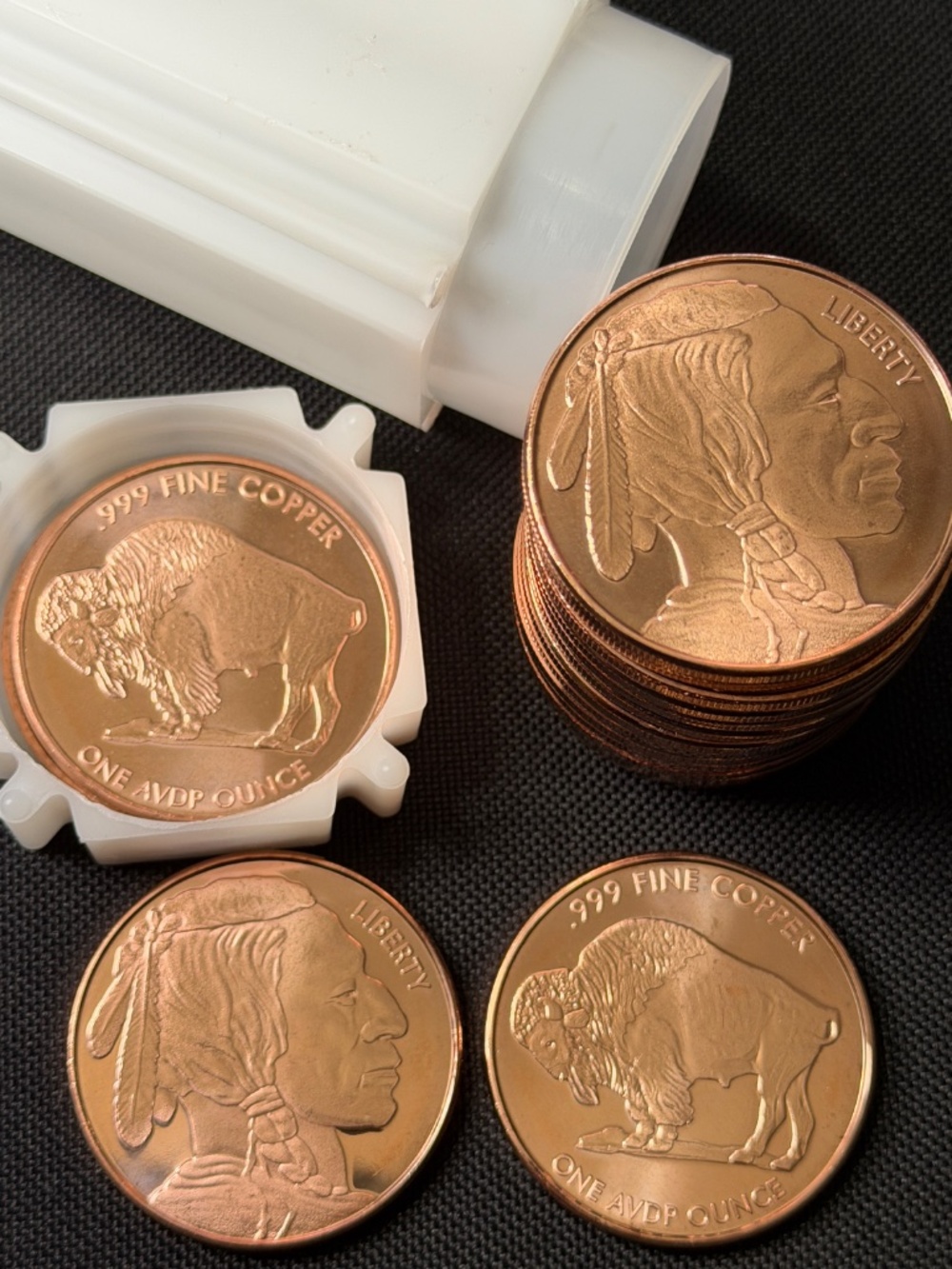 Tube of 20 One AVDP Ounce .999 Fine Copper Shiny Indian Head&Buffalo Rounds